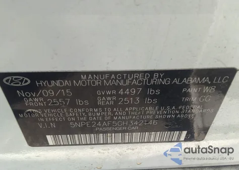 2016 Hyundai Sonata Se from USA, damaged, VIN 5NPE24AF5GH342146